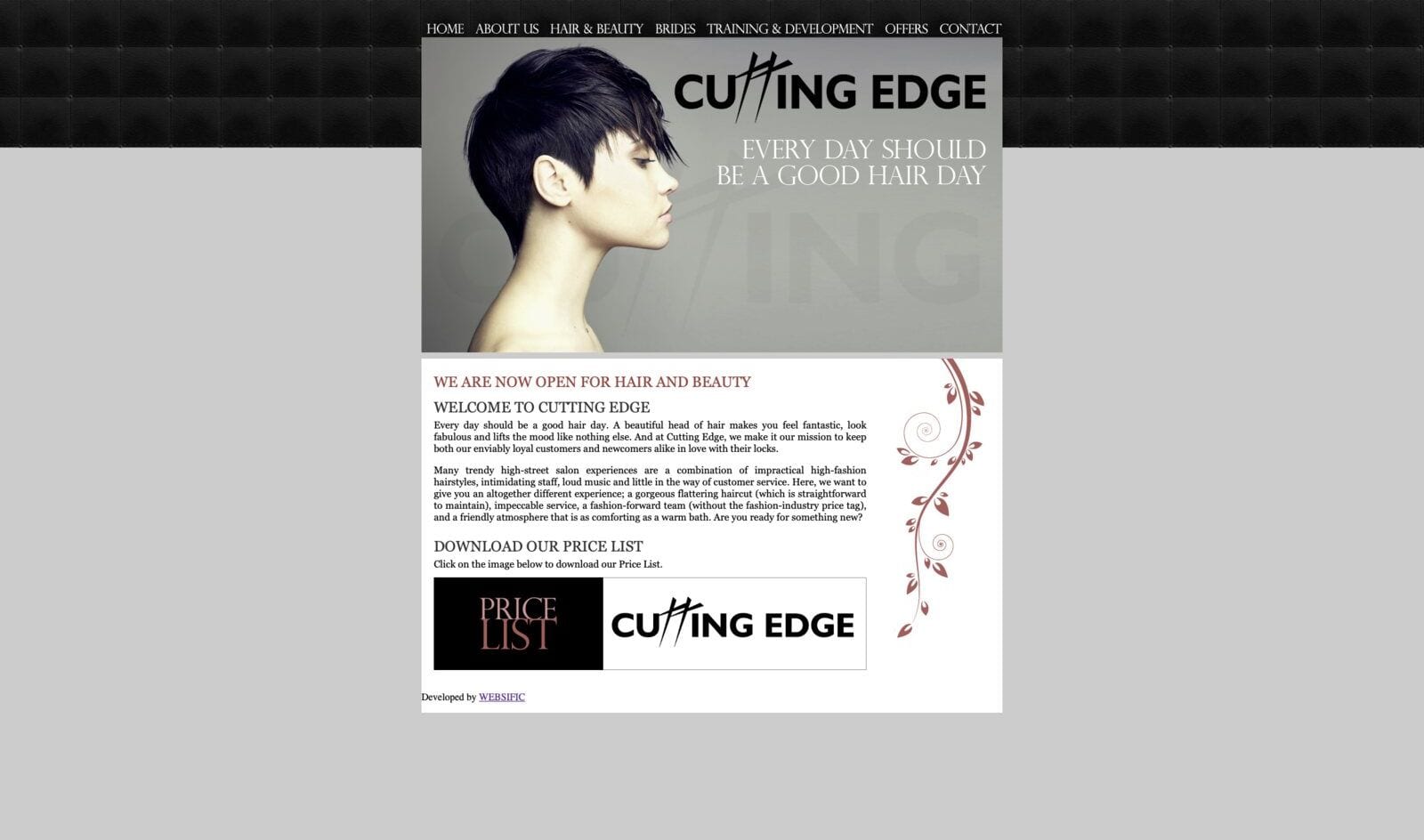 The salon's previous website as it stood: a narrow centred column of small text, a banner image, and a price list download as the clearest thing to click