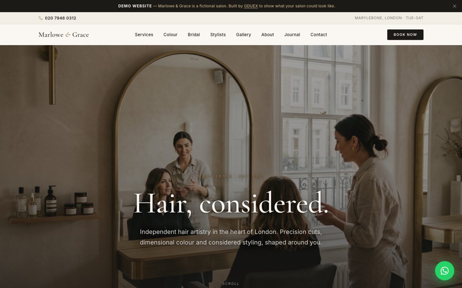 Homepage of the salon demo build